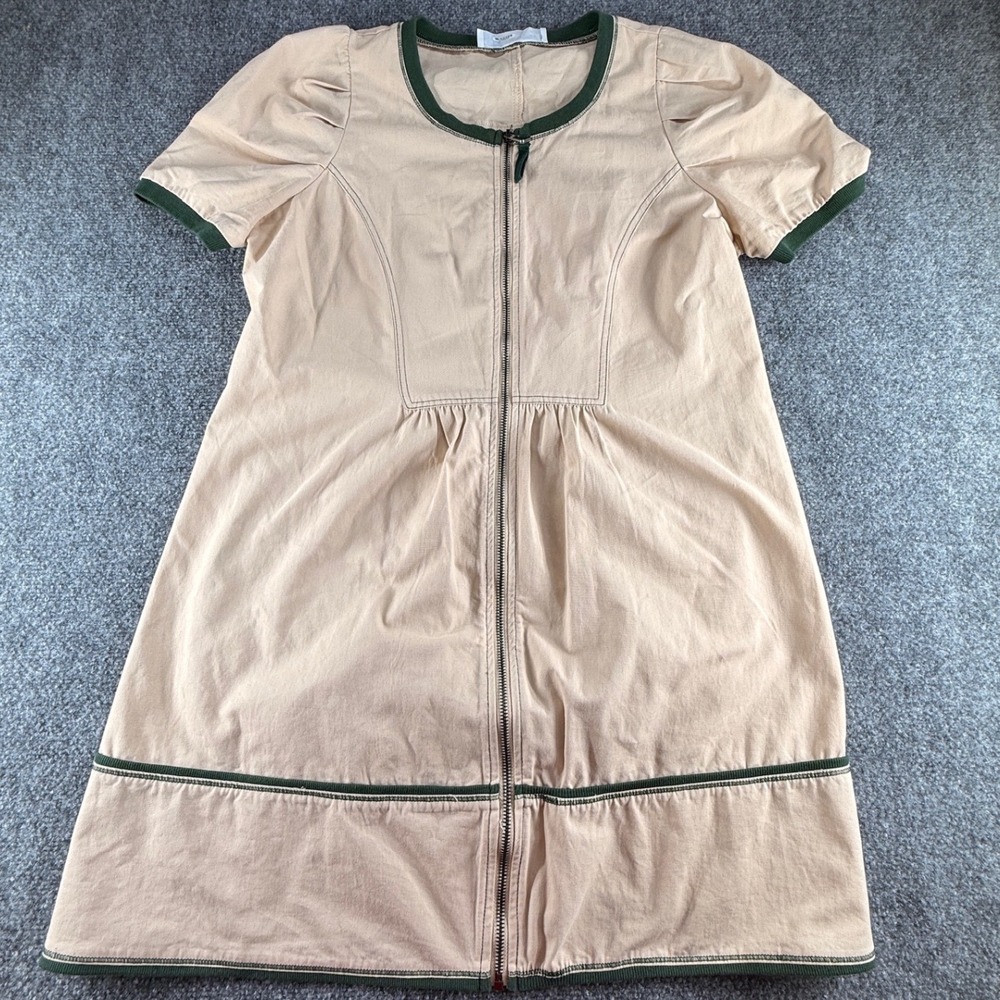 Big Waterblue Sky Tan Cotton Full Zip Mini Dress Green Trim boutique Women M